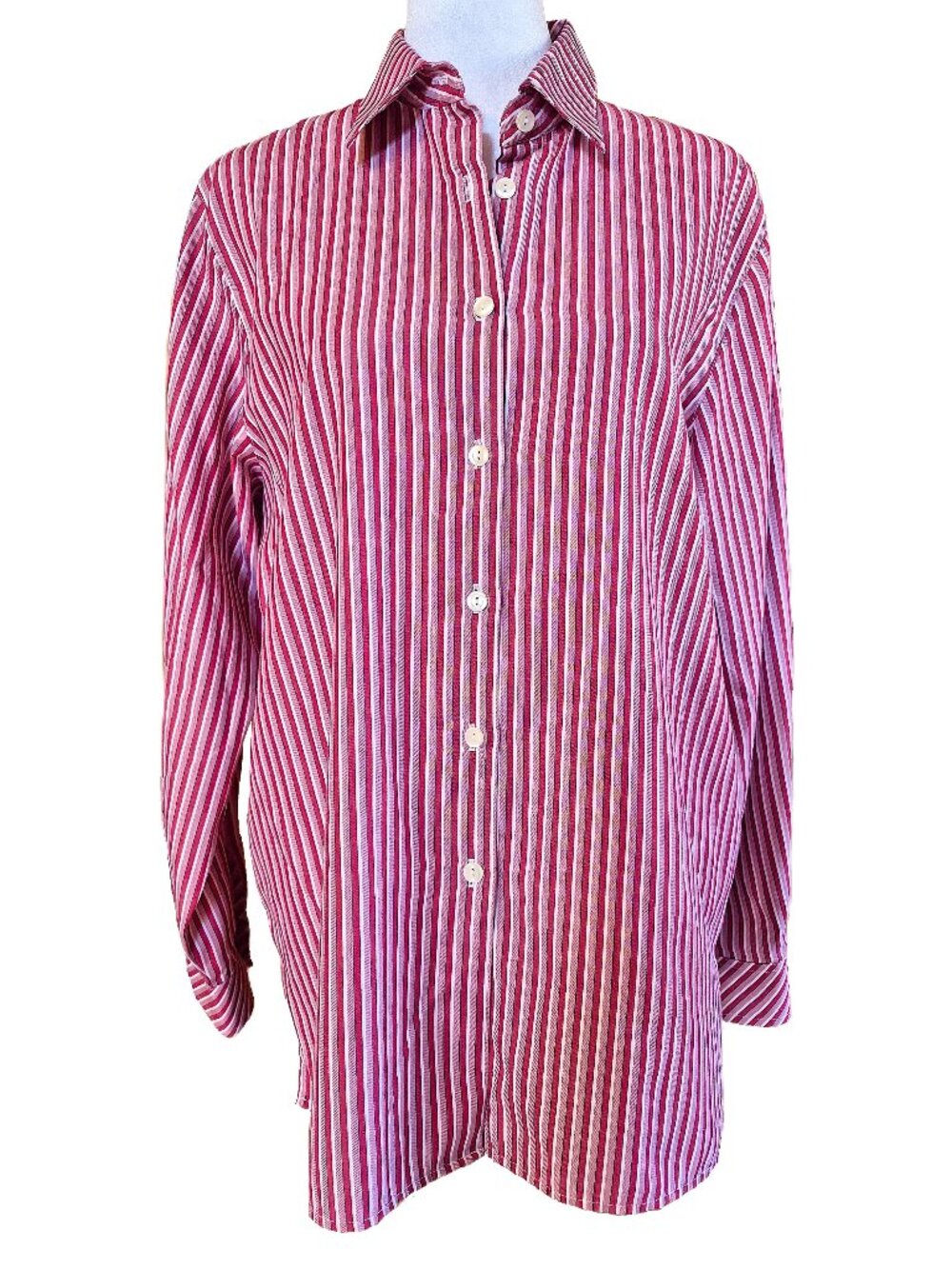 Foxcroft Wrinkle Free Long Sleeve Button Up Shirt Red White Striped Womens Sz 10